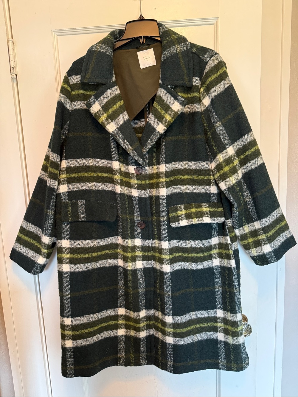 LC Lauren Conrad Dark Green Plaid Pea Coat with White & Olive Stripes